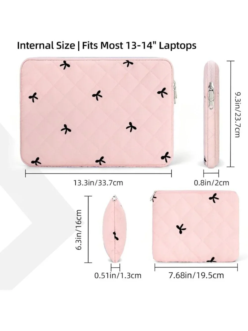 Quilted Pink Laptop Sleeve 13-14 Inch, Bow Embroidery & Pouch, Stylish